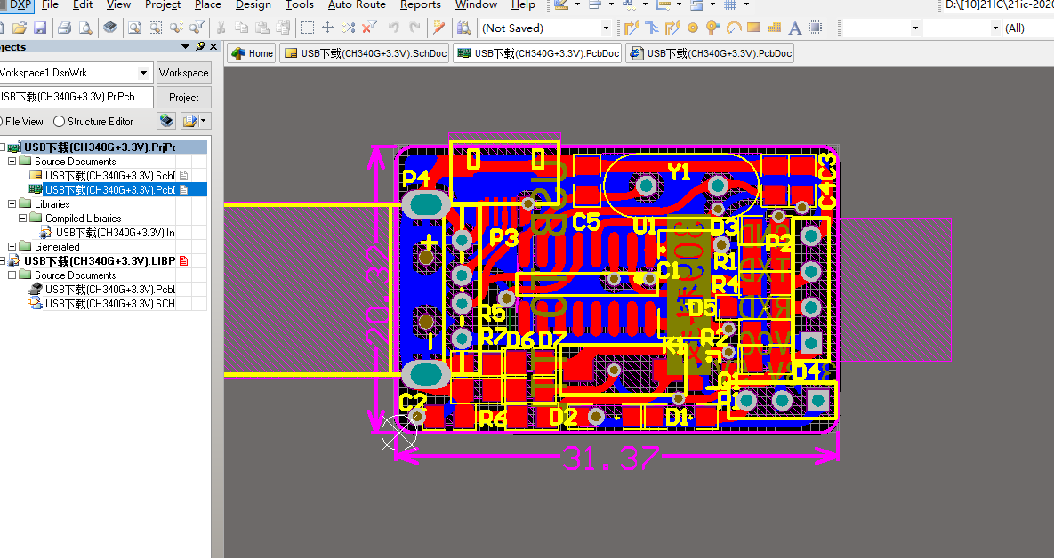 USB扁口+MICROUSB接口USB转串口 CH340GALTIUM设计原理图PCB+3D集成库