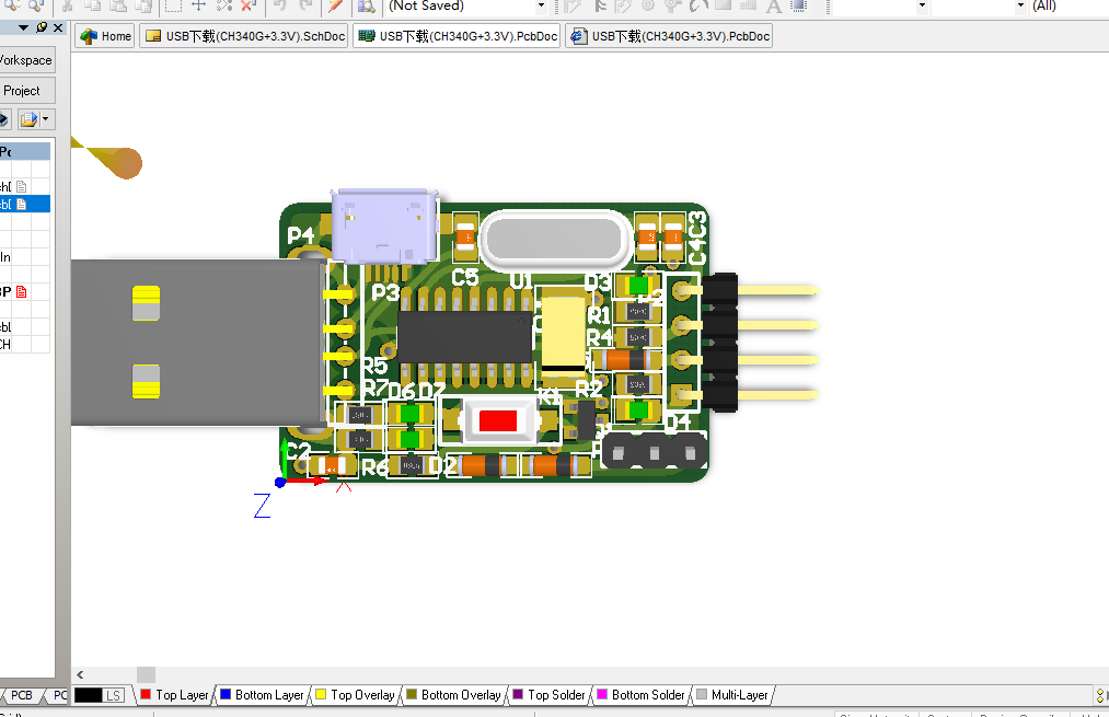 USB扁口+MICROUSB接口USB转串口 CH340GALTIUM设计原理图PCB+3D集成库