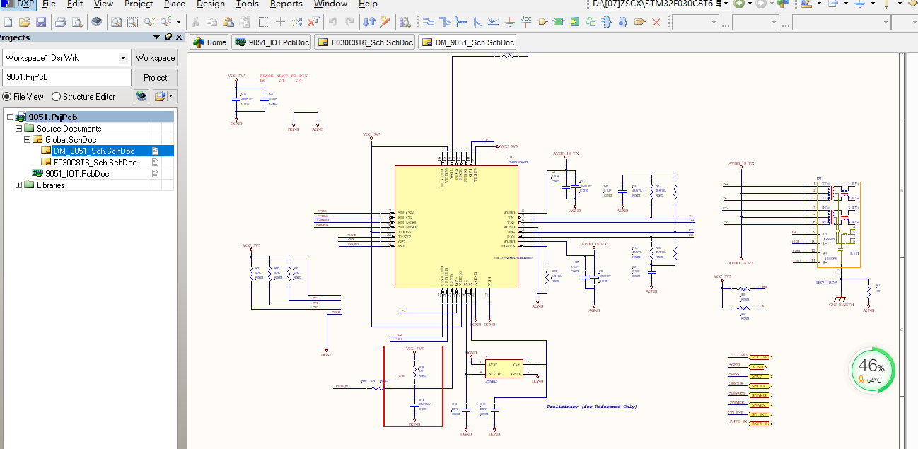 STM32F030C8T6 单片机+DM9051以太网RJ45模块ALTIUM设计硬件原理图+PCB